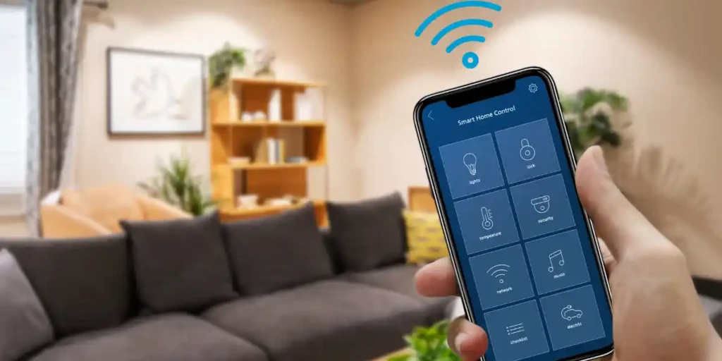 Modern home with smart lighting, voice-controlled devices, and automated blinds in living room